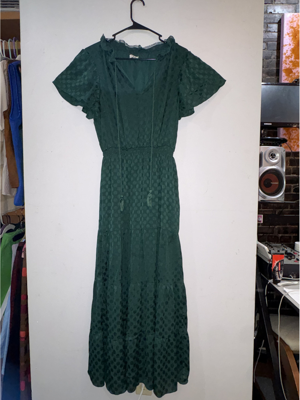 Max Studio Green Textured Polka Dot Maxi Dress Size L